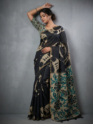 Elegant Black Abstract Print Linen Saree with Floral Blouse - Image 1