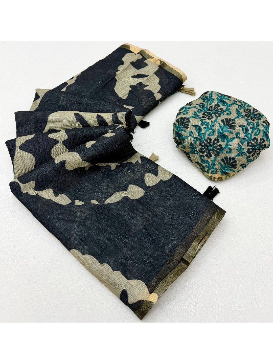 Elegant Black Abstract Print Linen Saree with Floral Blouse - Image 3