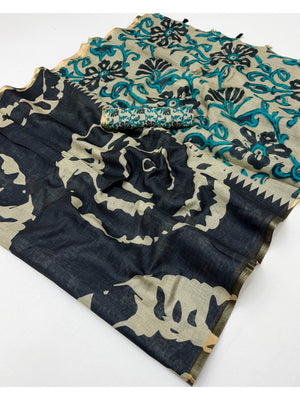 Elegant Black Abstract Print Linen Saree with Floral Blouse - Image 2