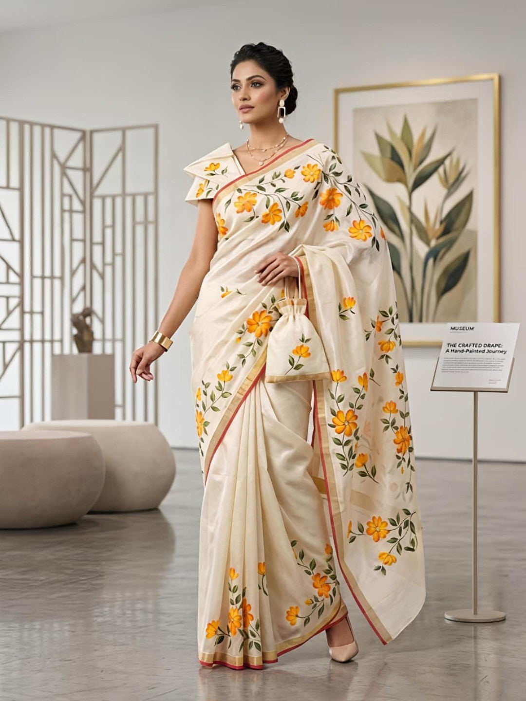 Elegant Cream Mulmul Cotton Floral Printed Saree - Image 1