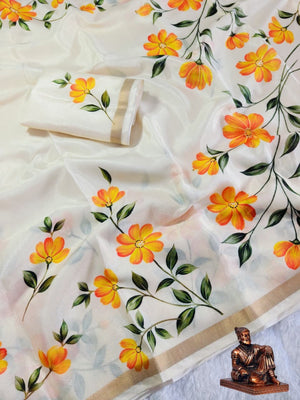 Elegant Cream Mulmul Cotton Floral Printed Saree - Image 2