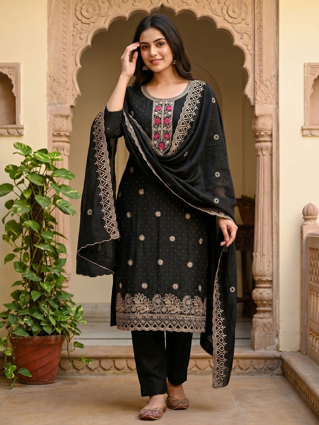 Charming Black Floral Embroidery With Sparkling Diamond Work Vichitra Silk Dress Material - Image 1