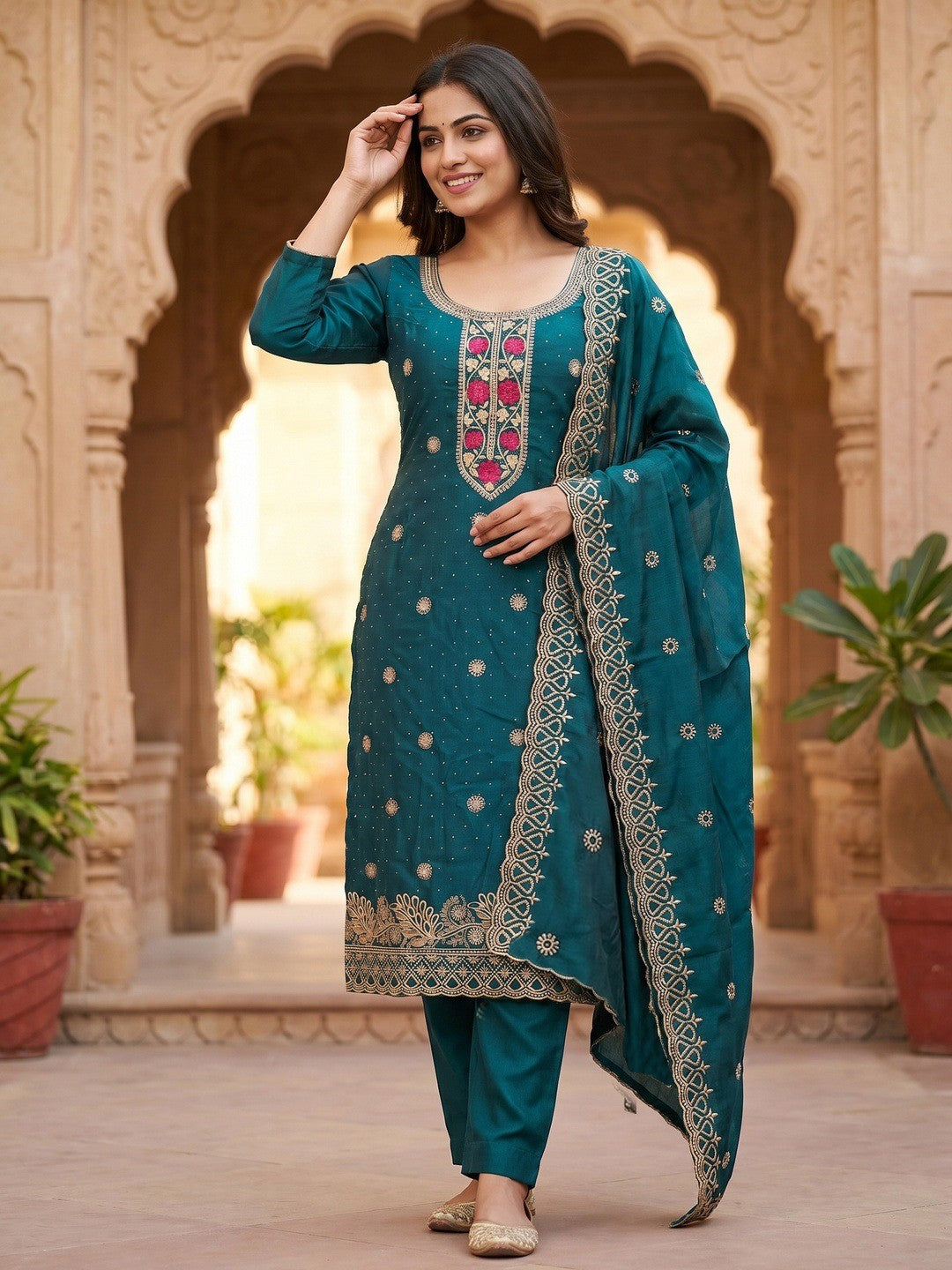 Charming Teal Floral Embroidery With Sparkling Diamond Work Vichitra Silk Dress Material - Image 1