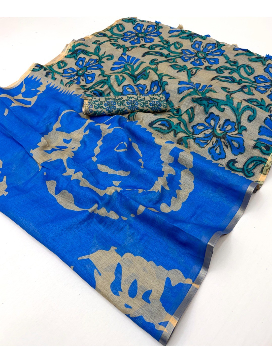 Elegant Blue Abstract Print Linen Saree with Floral Blouse - Image 3