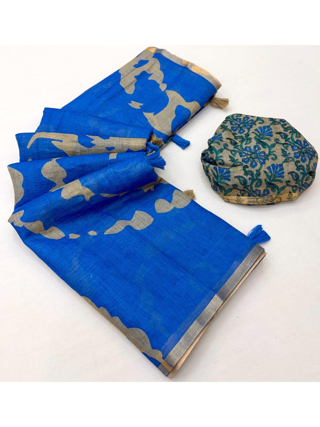 Elegant Blue Abstract Print Linen Saree with Floral Blouse - Image 2