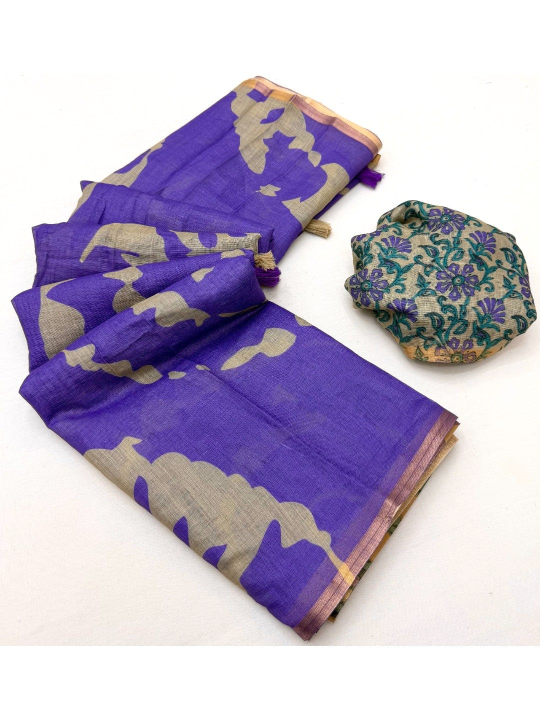 Elegant Violet Abstract Print Linen Saree with Floral Blouse - Image 2