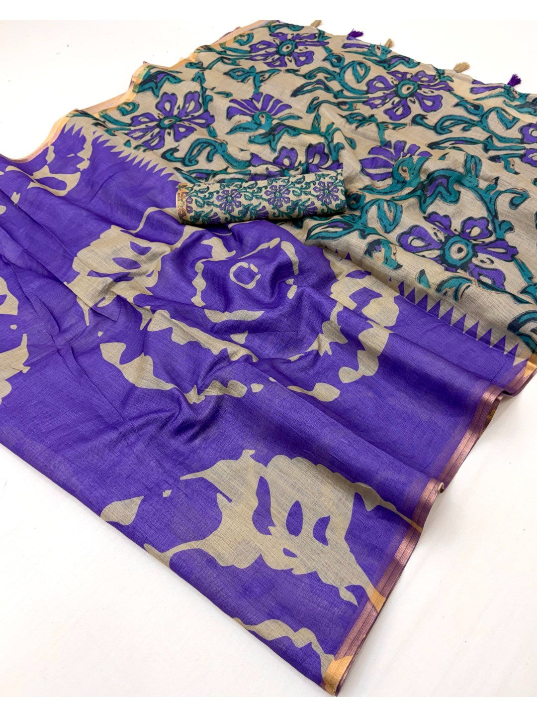 Elegant Violet Abstract Print Linen Saree with Floral Blouse - Image 3