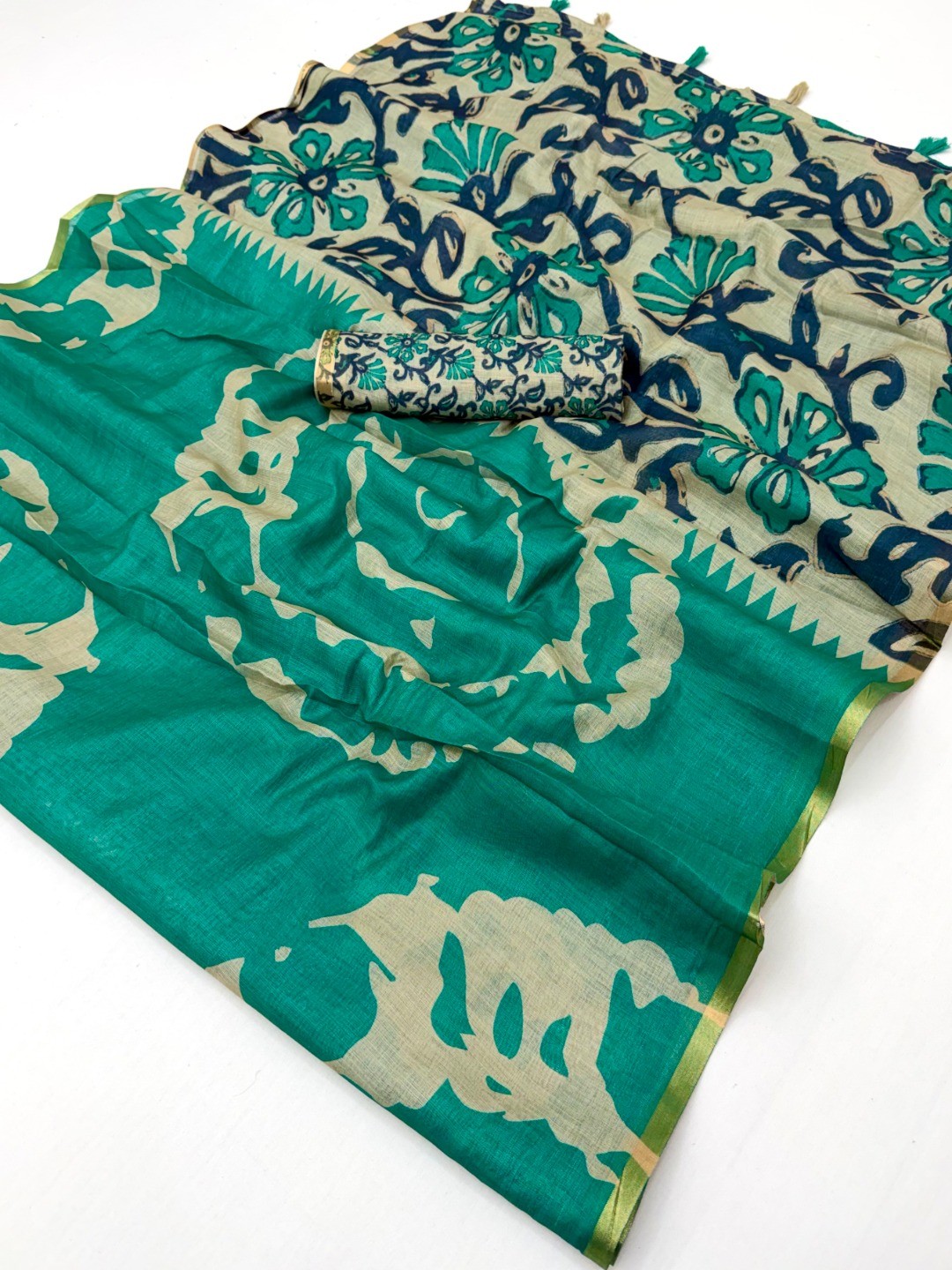 Elegant Turquoise Abstract Print Linen Saree with Floral Blouse - Image 3