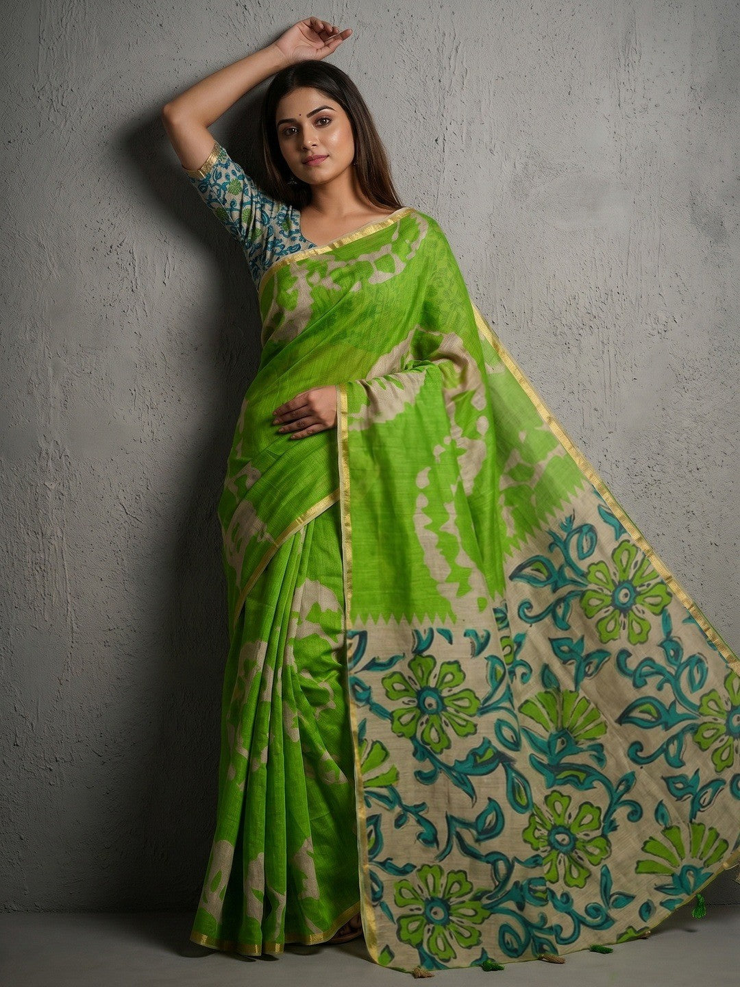 Elegant Green Abstract Print Linen Saree with Floral Blouse - Image 1