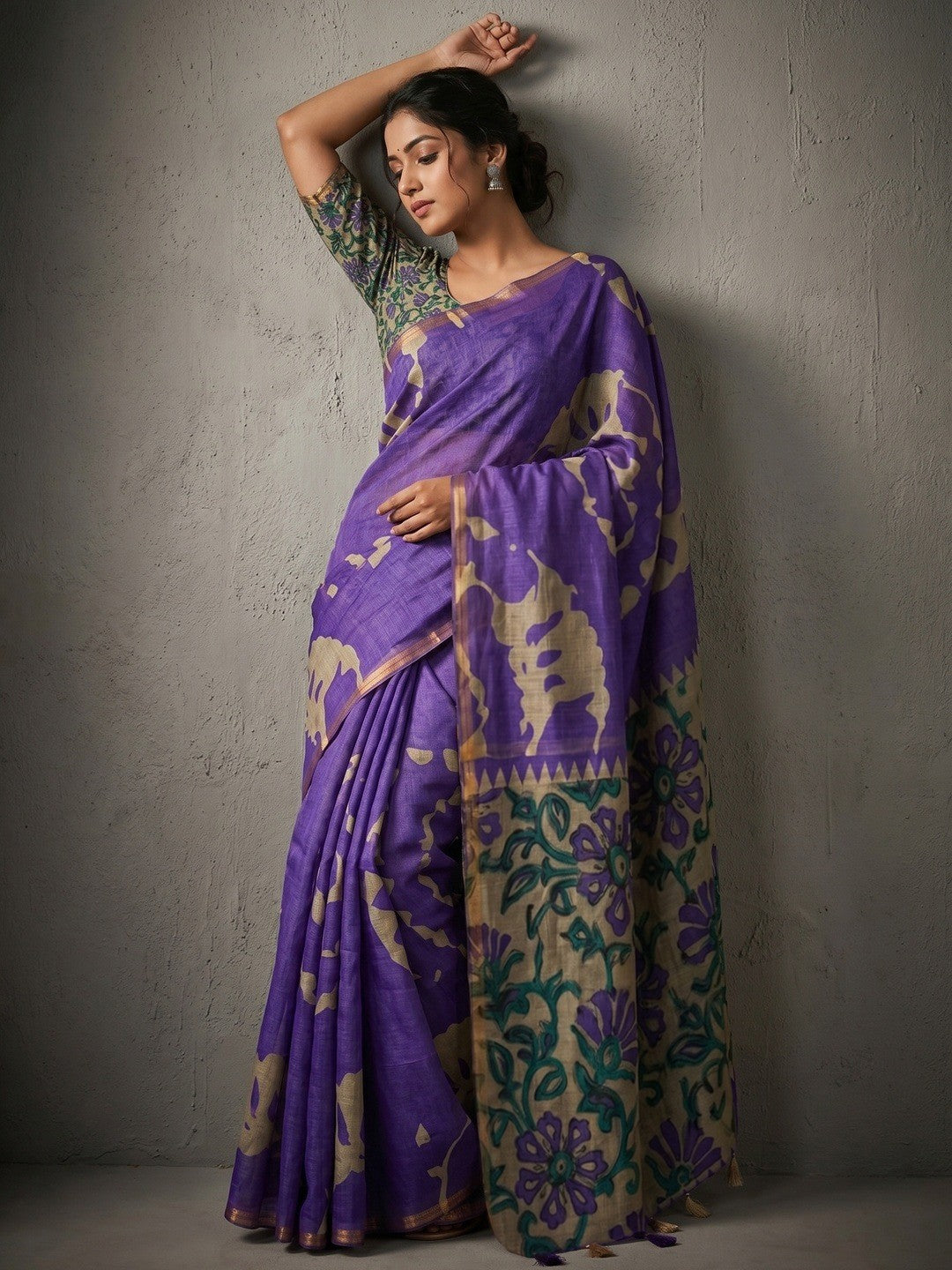 Elegant Violet Abstract Print Linen Saree with Floral Blouse - Image 1
