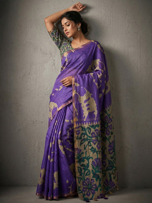 Elegant Violet Abstract Print Linen Saree with Floral Blouse - Image 1
