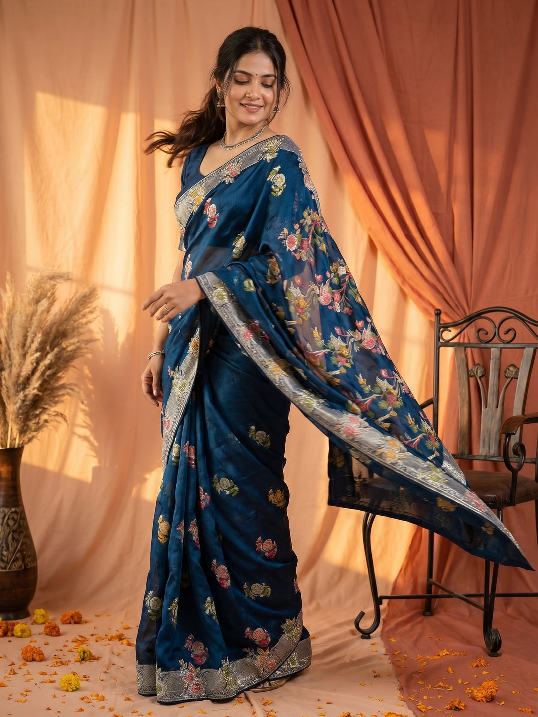 Elegant Blue Chiffon Saree with Intricate Floral Embroidery Work - Image 1