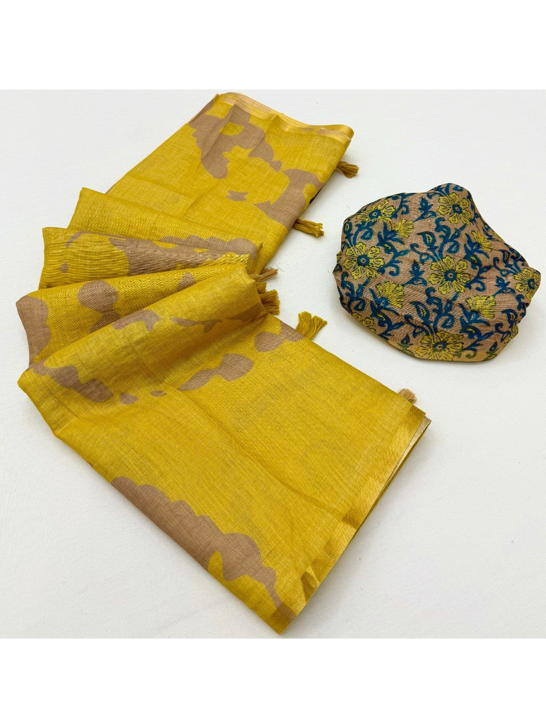 Elegant Yellow Abstract Print Linen Saree with Floral Blouse - Image 3