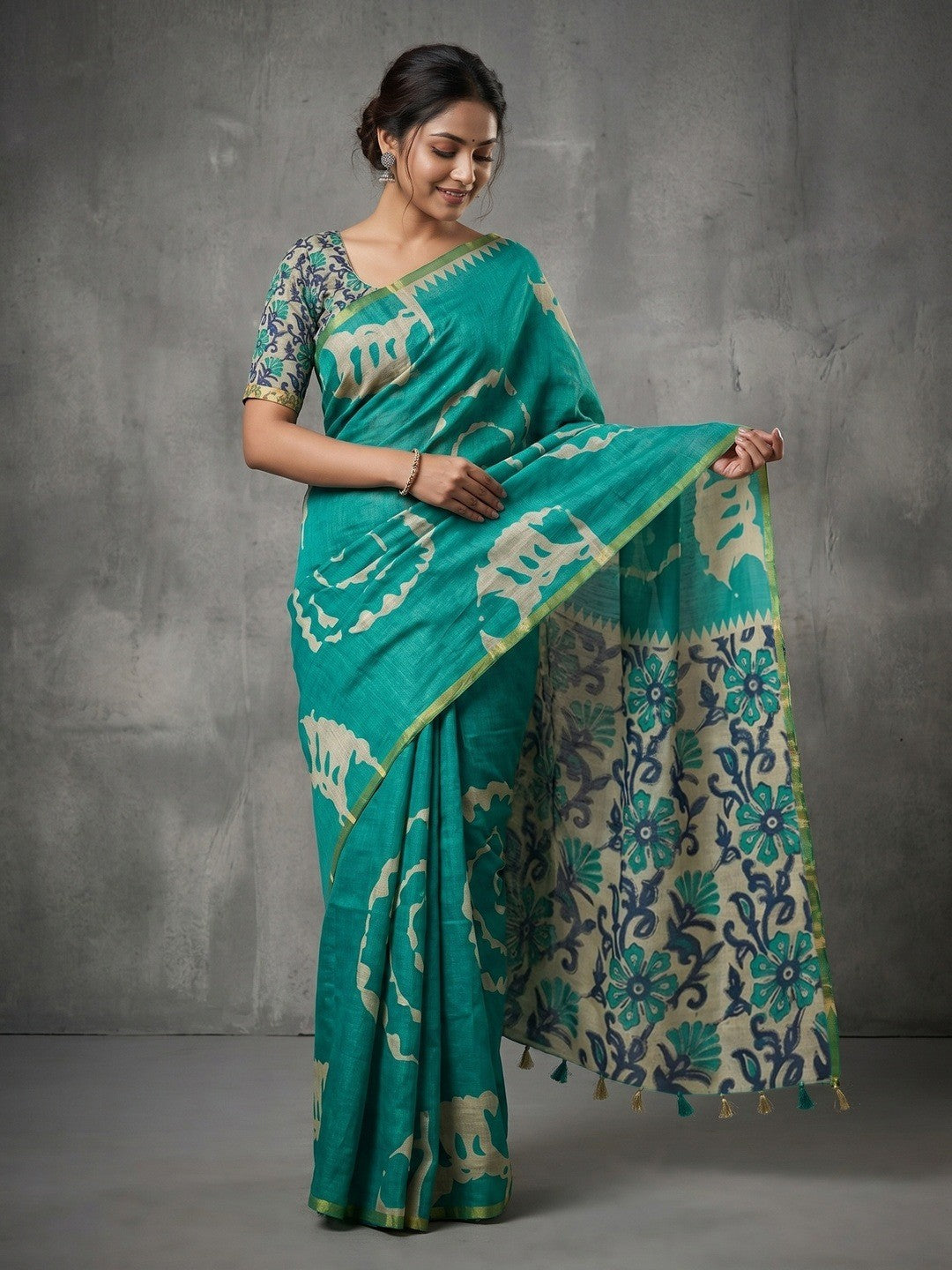 Elegant Turquoise Abstract Print Linen Saree with Floral Blouse - Image 1