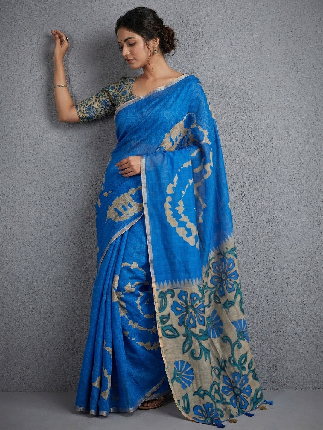 Elegant Blue Abstract Print Linen Saree with Floral Blouse - Image 1