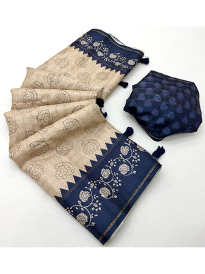 Elegant Beige Tussar Silk Saree with Floral Print and Blue Border - Image 2