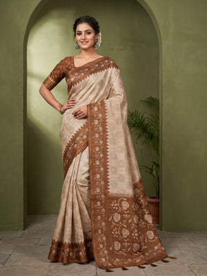 Elegant Beige Tussar Silk Saree with Floral Print and Brown Border - Image 1