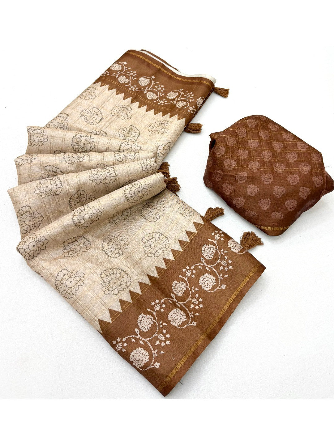 Elegant Beige Tussar Silk Saree with Floral Print and Brown Border - Image 3