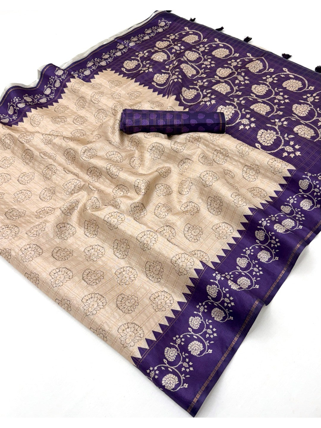 Elegant Beige Tussar Silk Saree with Floral Print and Violet Border - Image 2