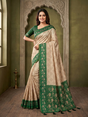 Elegant Beige Tussar Silk Saree with Floral Print and Green Border - Image 1