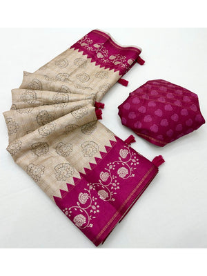 Elegant Beige Tussar Silk Saree with Floral Print and Pink Border - Image 2