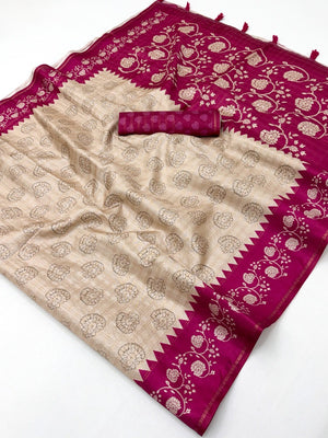 Elegant Beige Tussar Silk Saree with Floral Print and Pink Border - Image 2