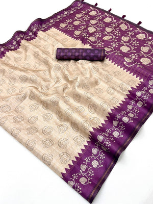 Elegant Beige Tussar Silk Saree with Floral Print and Purple Border - Image 2