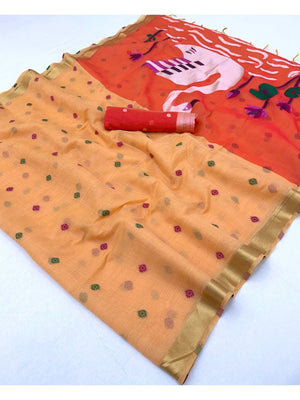 Elegant Orange Linen Saree with Floral Prints and Swan Motif Pallu - Image 2