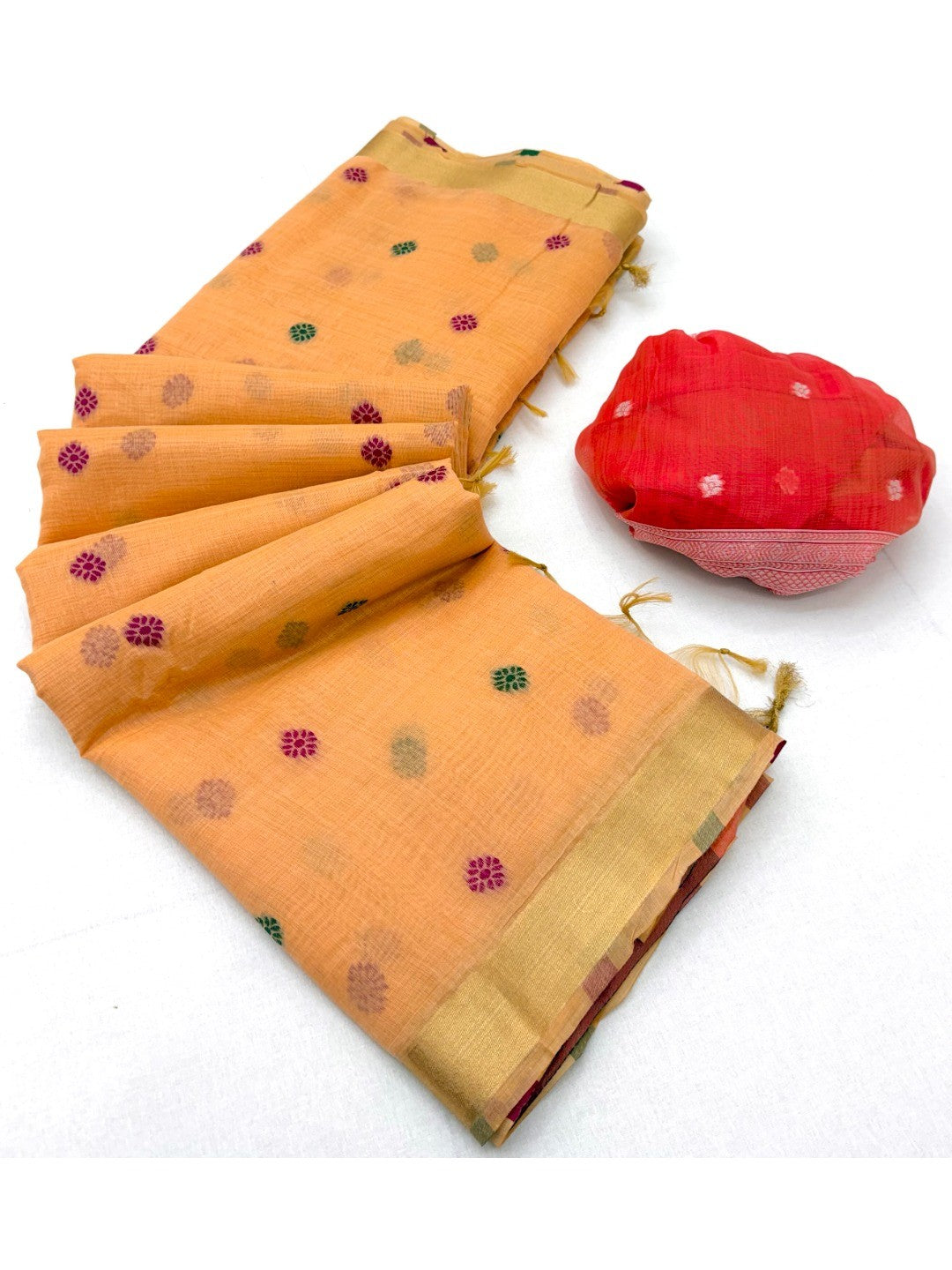 Elegant Orange Linen Saree with Floral Prints and Swan Motif Pallu - Image 3