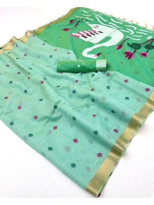 Elegant Sea Green Linen Saree with Floral Prints and Swan Motif Pallu - Image 2