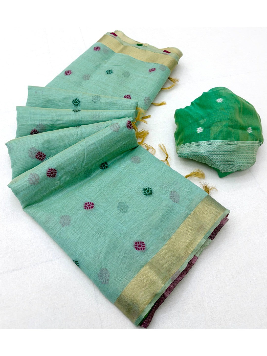 Elegant Sea Green Linen Saree with Floral Prints and Swan Motif Pallu - Image 3