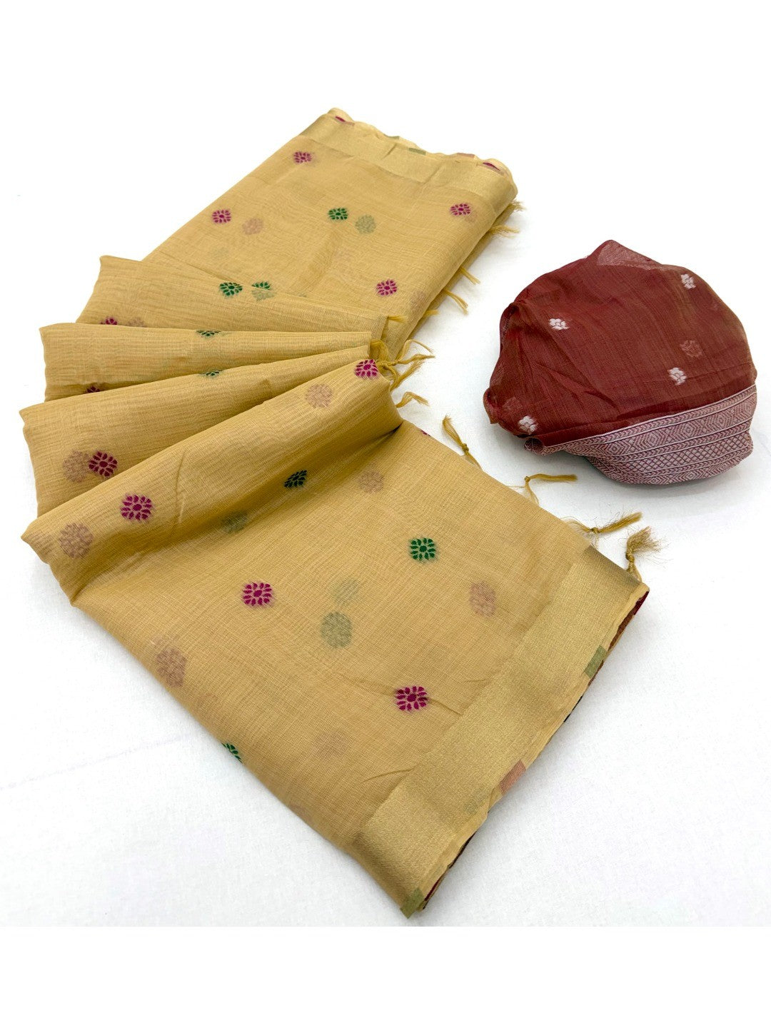 Elegant Beige Linen Saree with Floral Prints and Swan Motif Pallu - Image 3