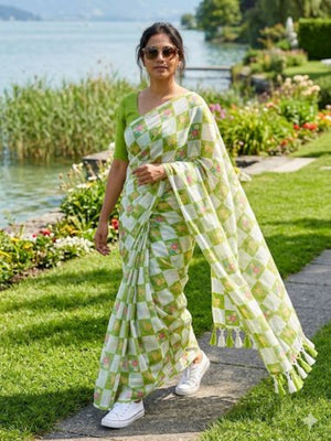 Elegant Green Checked Linen Saree with Floral Prints - Image 1