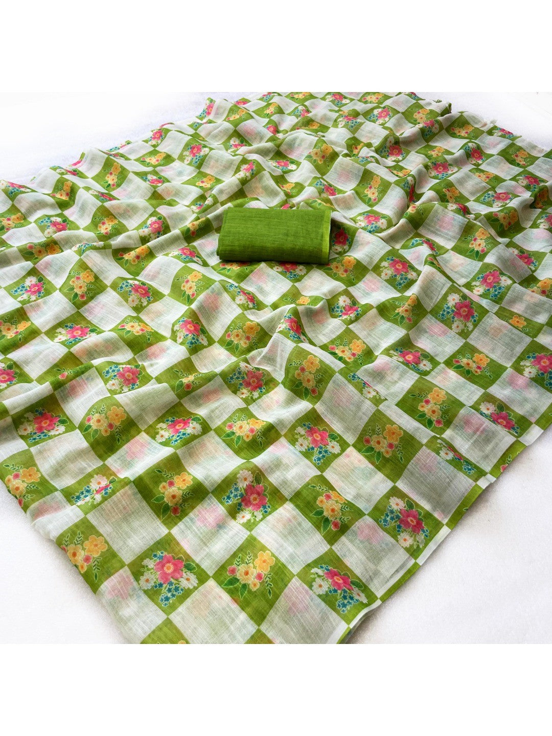 Elegant Green Checked Linen Saree with Floral Prints - Image 2