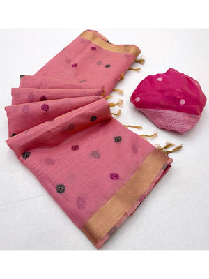 Elegant Pink Linen Saree with Floral Prints and Swan Motif Pallu - Image 2