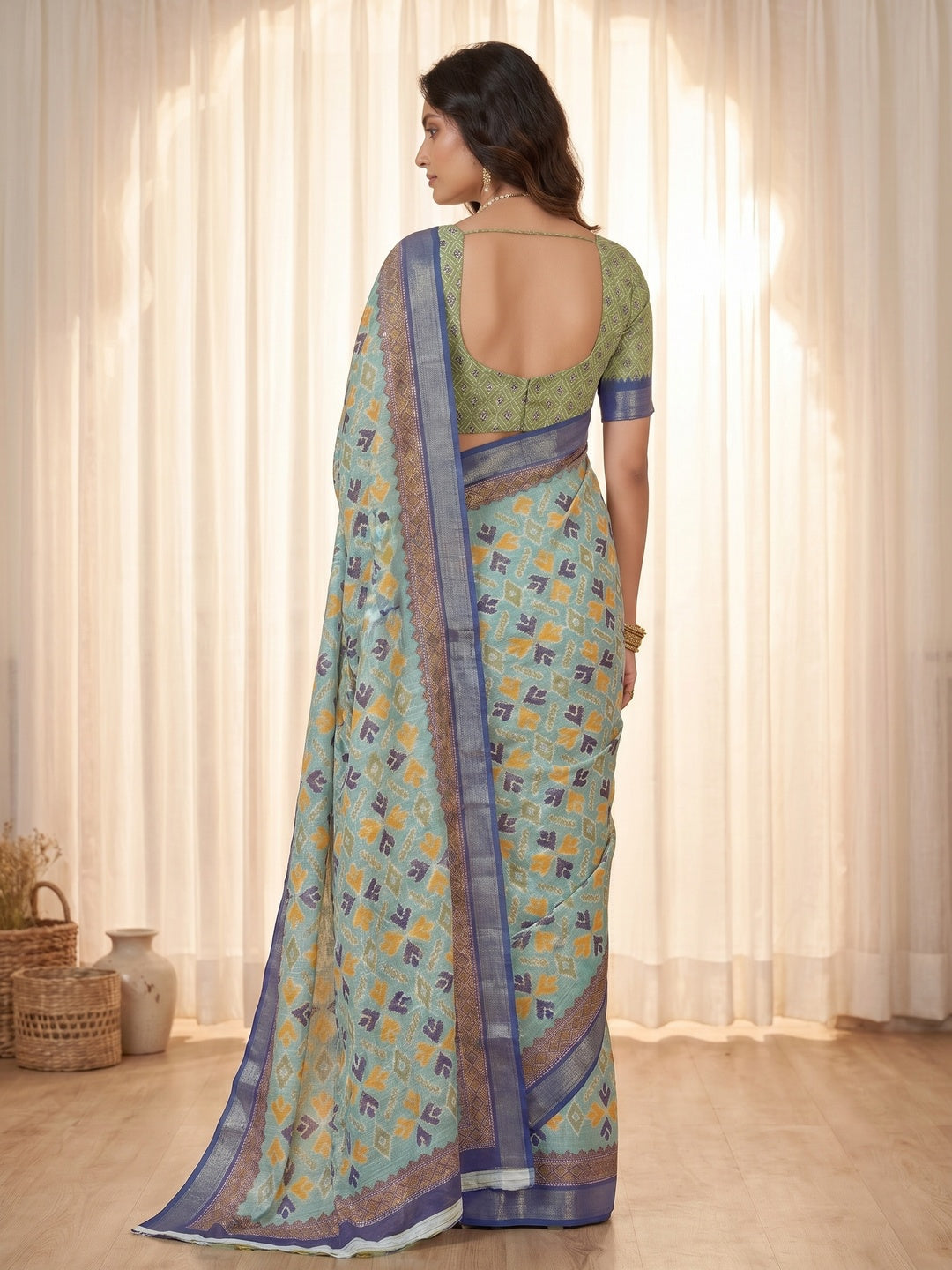 Elegant Green Linen Saree with Traditional Ikkat Print - Image 3