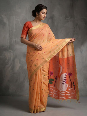 Elegant Orange Linen Saree with Floral Prints and Swan Motif Pallu - Image 1