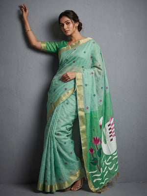Elegant Sea Green Linen Saree with Floral Prints and Swan Motif Pallu - Image 1