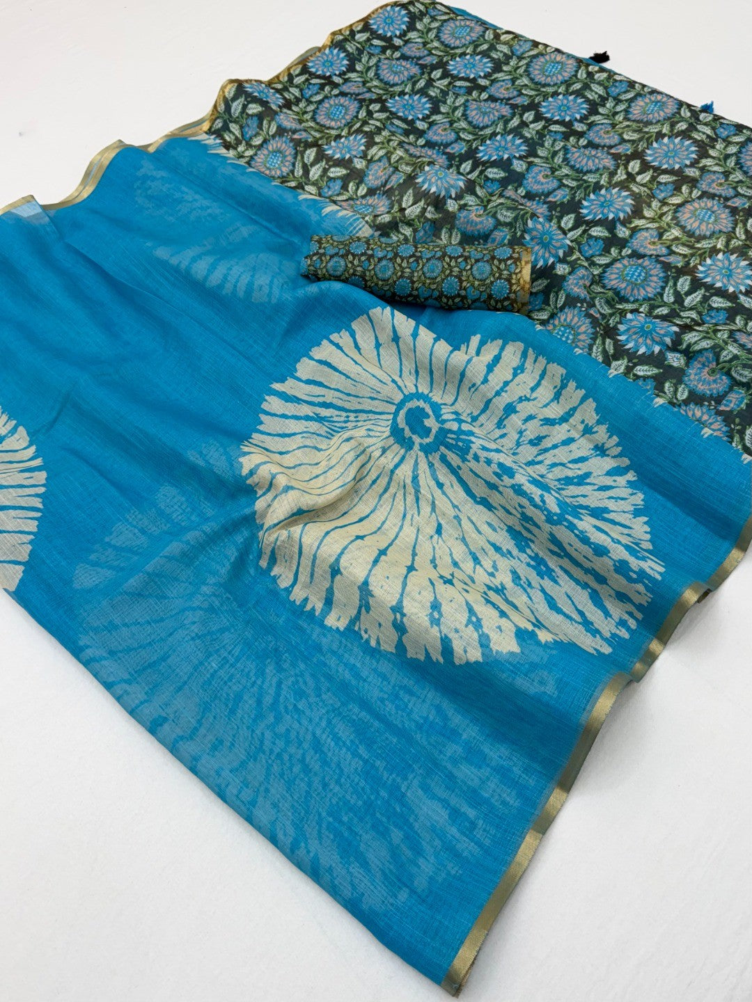 Elegant Blue Linen Saree with Abstract Print - Image 2