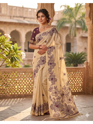 Cream Saree with Wine Floral Weaving Pure Cotton Traditional Elegant Style - Image 1