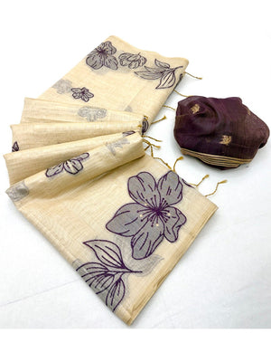 Cream Saree with Wine Floral Weaving Pure Cotton Traditional Elegant Style - Image 2