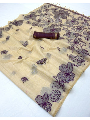 Cream Saree with Wine Floral Weaving Pure Cotton Traditional Elegant Style - Image 2