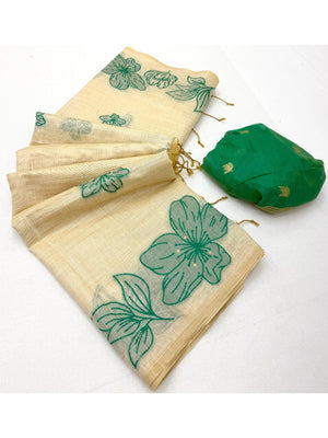Cream Saree with Green Floral Weaving Pure Cotton Traditional Elegant Style - Image 2