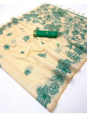 Cream Saree with Green Floral Weaving Pure Cotton Traditional Elegant Style - Image 2