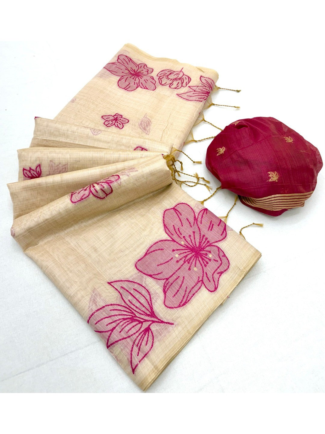 Cream Saree with Pink Floral Weaving Pure Cotton Traditional Elegant Style - Image 3