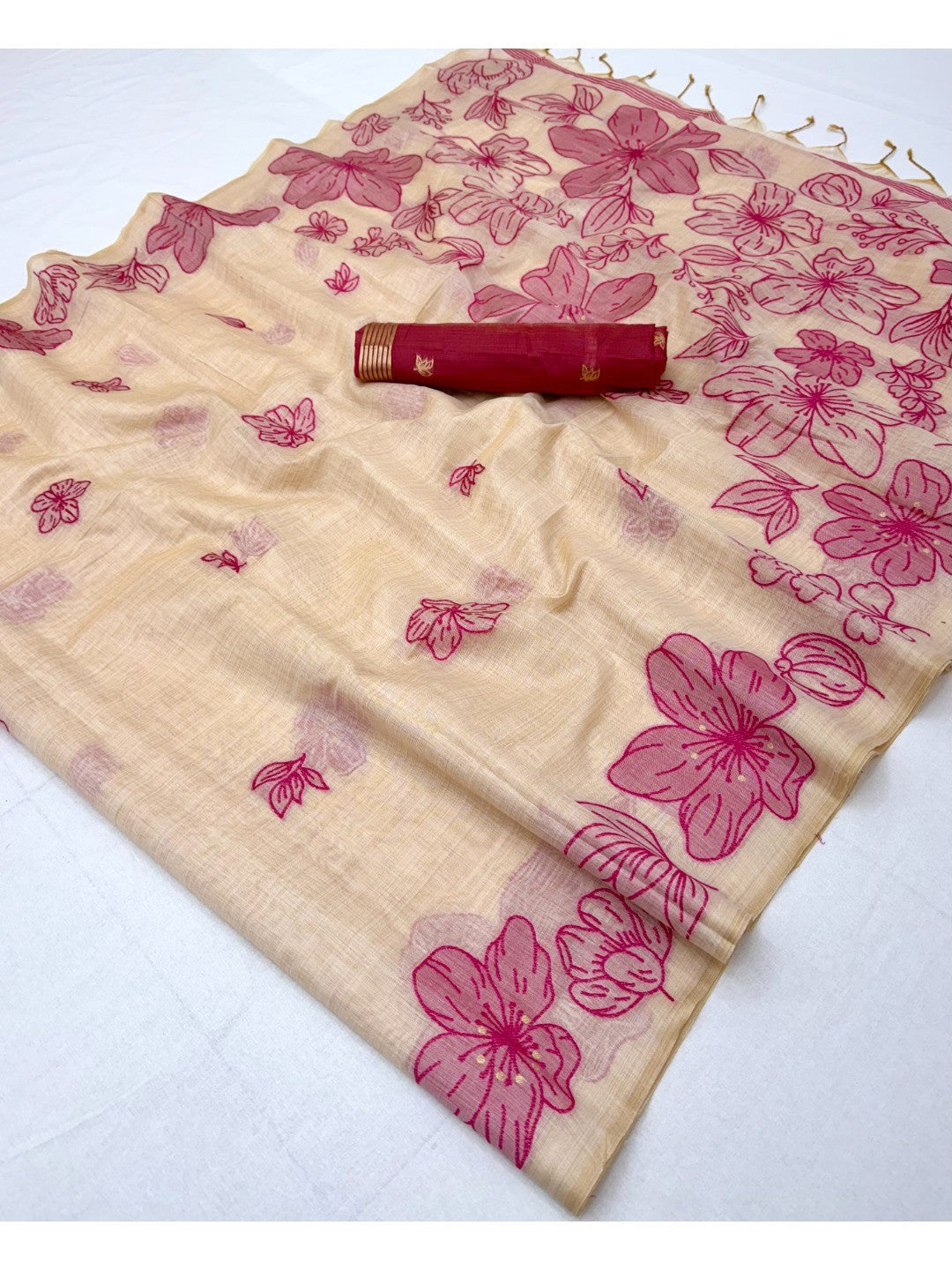 Cream Saree with Pink Floral Weaving Pure Cotton Traditional Elegant Style - Image 2