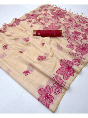 Cream Saree with Pink Floral Weaving Pure Cotton Traditional Elegant Style - Image 2