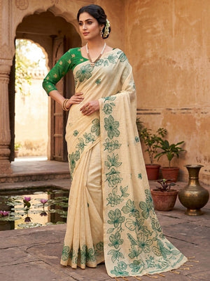 Cream Saree with Green Floral Weaving Pure Cotton Traditional Elegant Style - Image 1