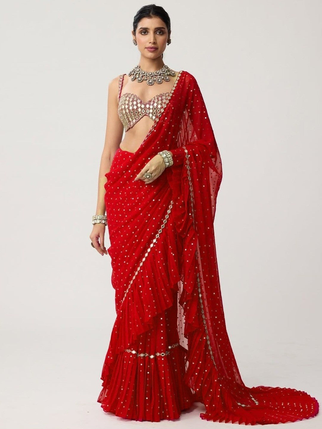 Red Georgette Bollywood Saree with Mirror Work and Ruffled Details - Image 1