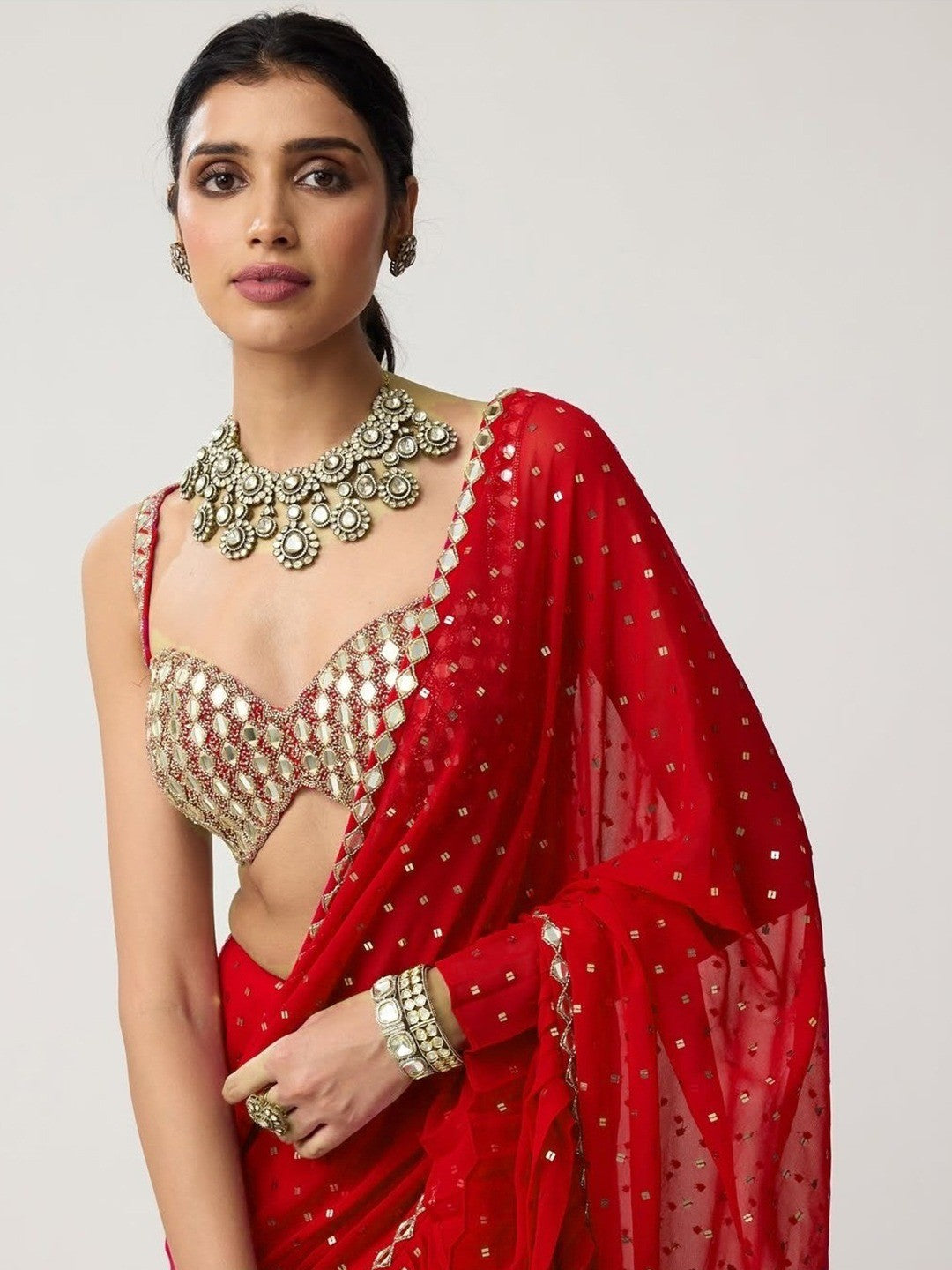 Red Georgette Bollywood Saree with Mirror Work and Ruffled Details - Image 2